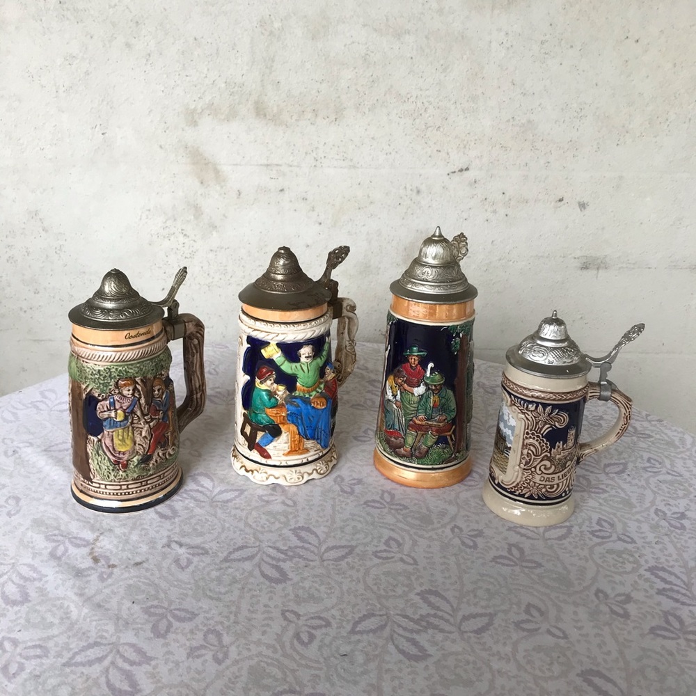 Vintage Lot of 4 German Beer Steins Lidded Mugs